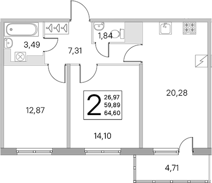 2-комнатная квартира 59.89 м², 4/5 эт., ЖК «ЮгТаун. Олимпийские кварталы»